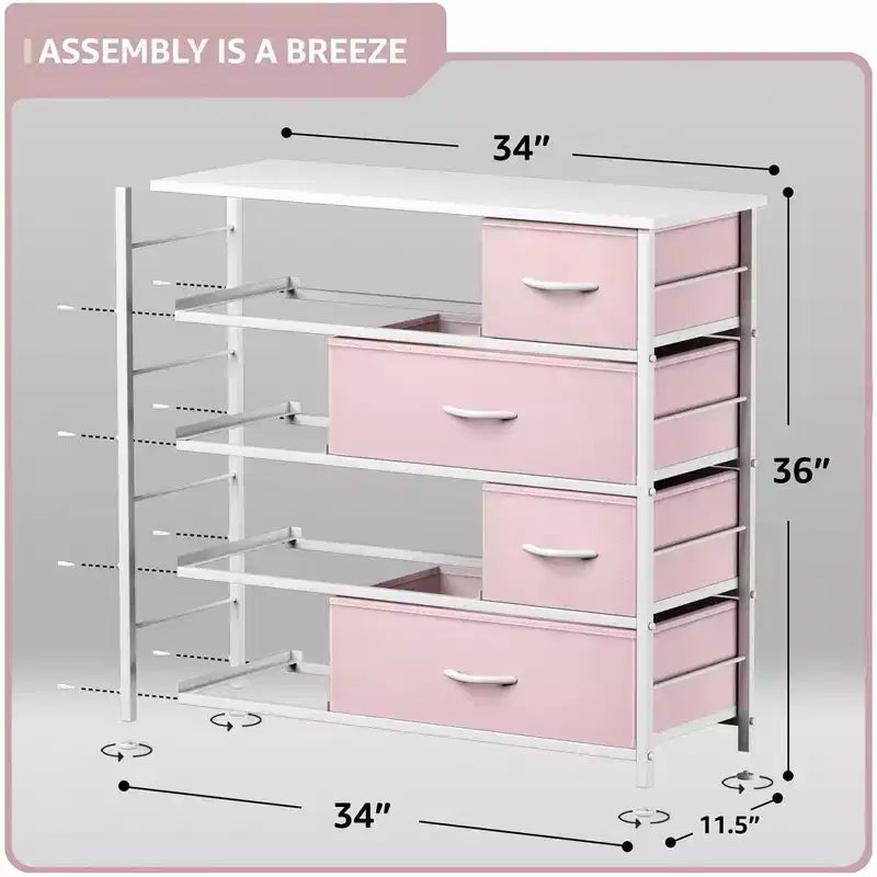 Cómoda de tela de 8 cajones multicolor con estructura de acero y tapa de madera