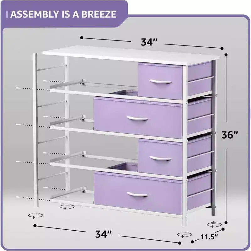 Cómoda de tela de 8 cajones multicolor con estructura de acero y tapa de madera