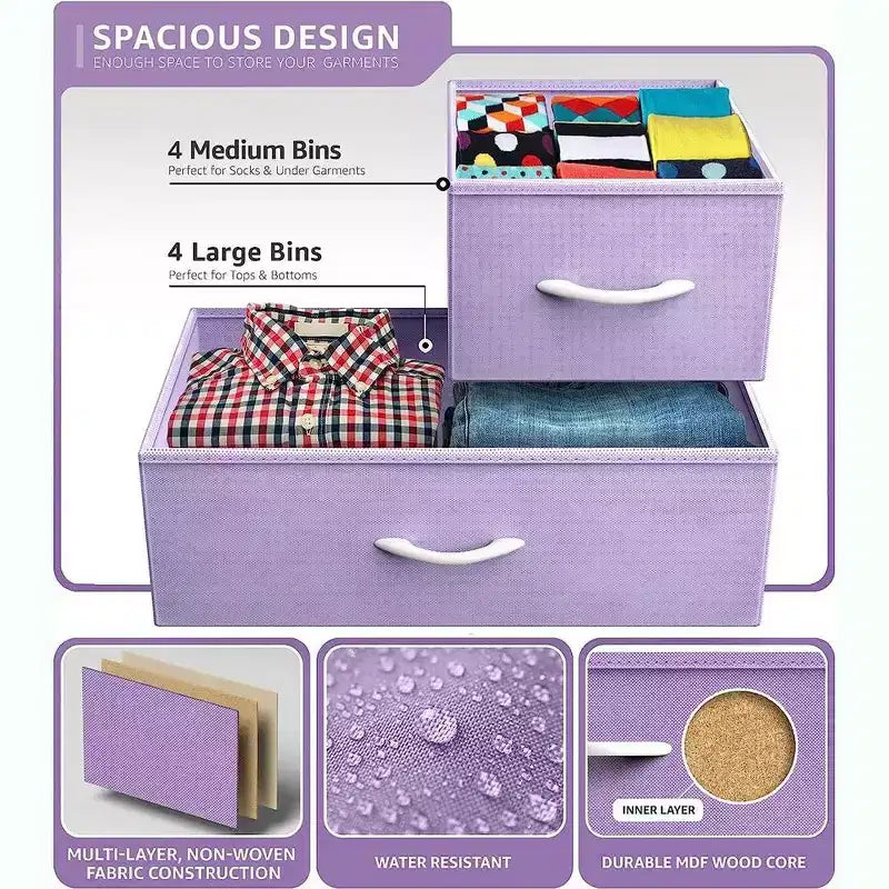 Cómoda de tela de 8 cajones multicolor con estructura de acero y tapa de madera