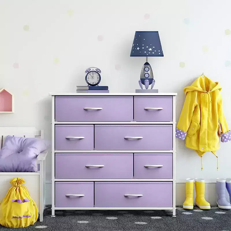 Cómoda de tela de 8 cajones multicolor con estructura de acero y tapa de madera