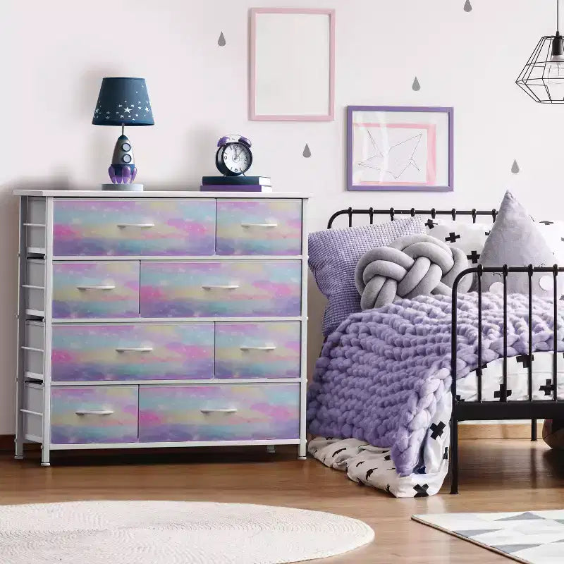Cómoda de tela de 8 cajones multicolor con estructura de acero y tapa de madera