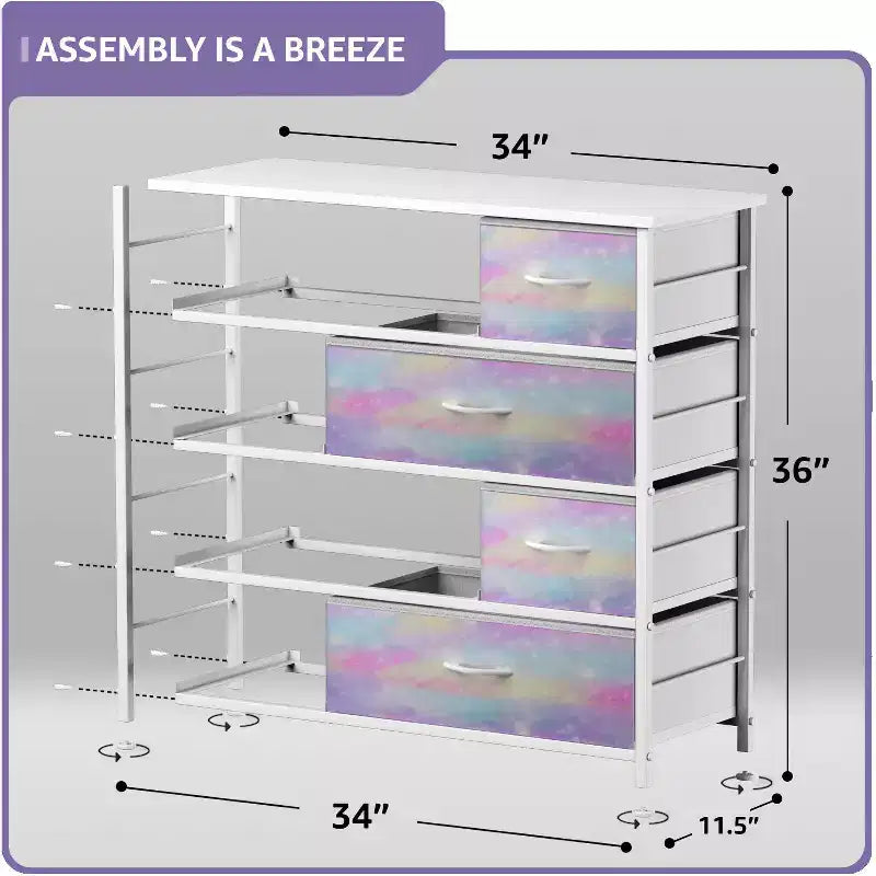 Cómoda de tela de 8 cajones multicolor con estructura de acero y tapa de madera