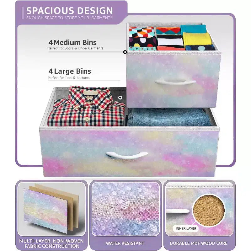 Cómoda de tela de 8 cajones multicolor con estructura de acero y tapa de madera