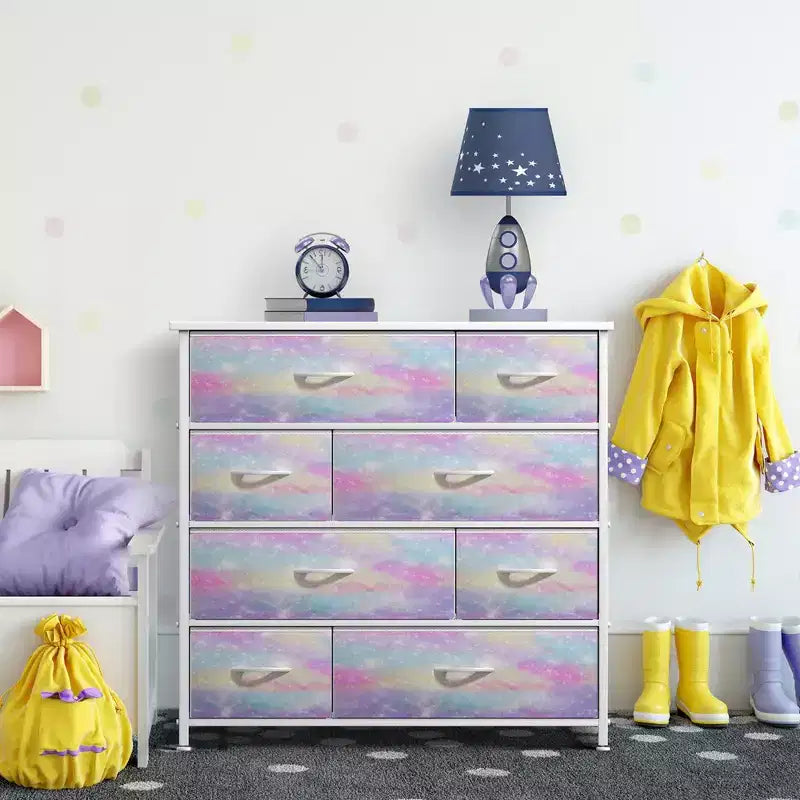 Cómoda de tela de 8 cajones multicolor con estructura de acero y tapa de madera