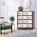 Cómoda de tela de 8 cajones multicolor con estructura de acero y tapa de madera