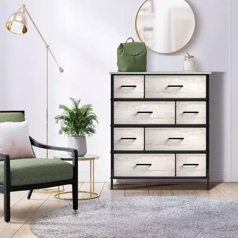 Cómoda de tela de 8 cajones multicolor con estructura de acero y tapa de madera