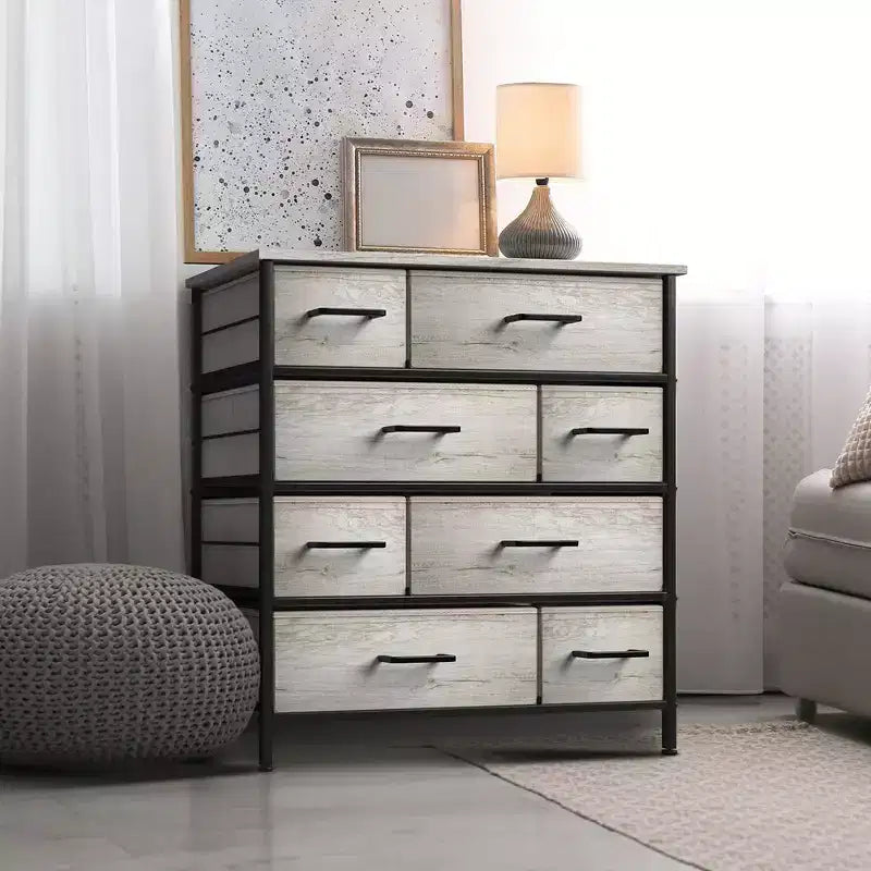 Cómoda de tela de 8 cajones multicolor con estructura de acero y tapa de madera
