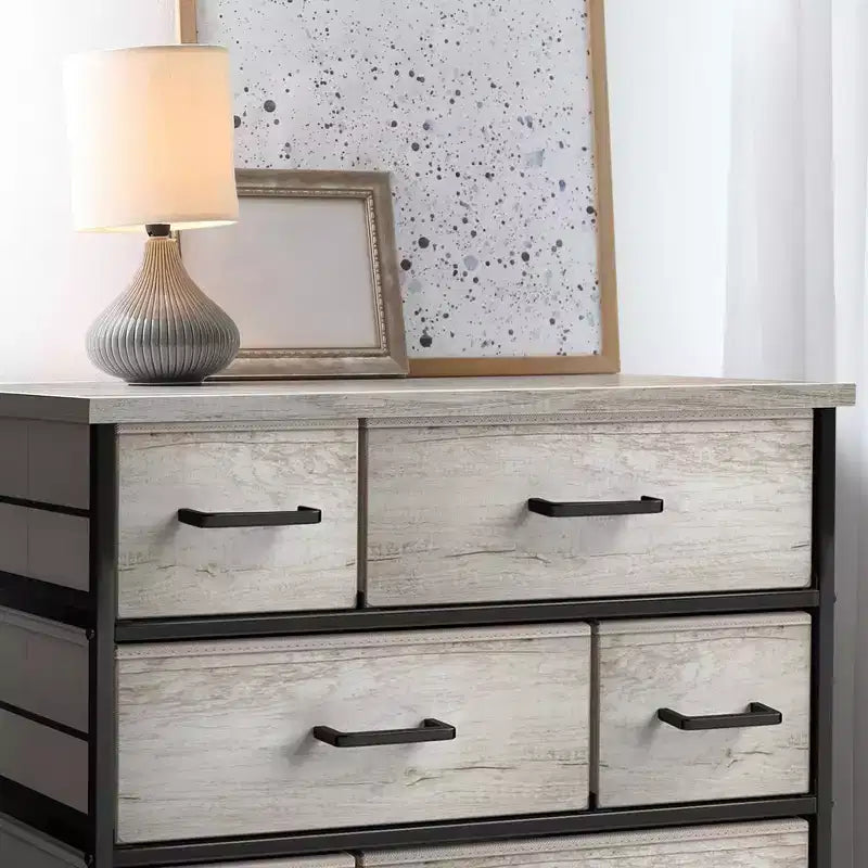 Cómoda de tela de 8 cajones multicolor con estructura de acero y tapa de madera