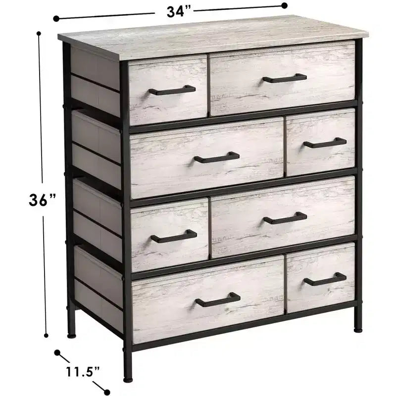 Cómoda de tela de 8 cajones multicolor con estructura de acero y tapa de madera