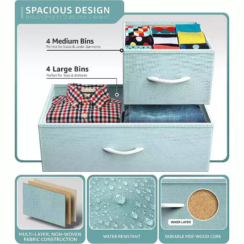 Cómoda de tela de 8 cajones multicolor con estructura de acero y tapa de madera