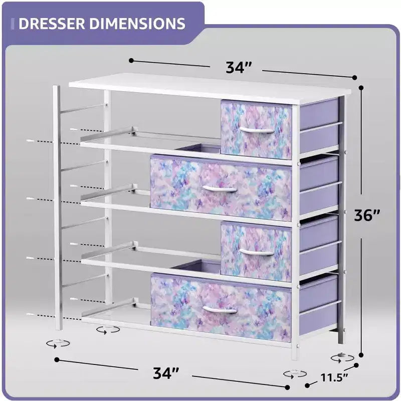 Cómoda de tela de 8 cajones multicolor con estructura de acero y tapa de madera