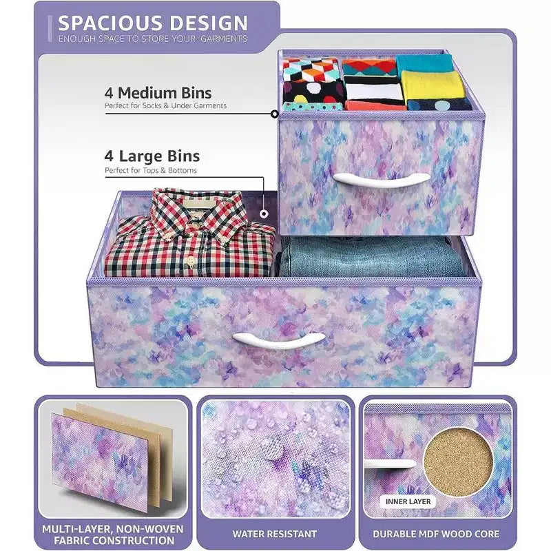Cómoda de tela de 8 cajones multicolor con estructura de acero y tapa de madera