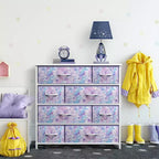 Cómoda de tela de 8 cajones multicolor con estructura de acero y tapa de madera