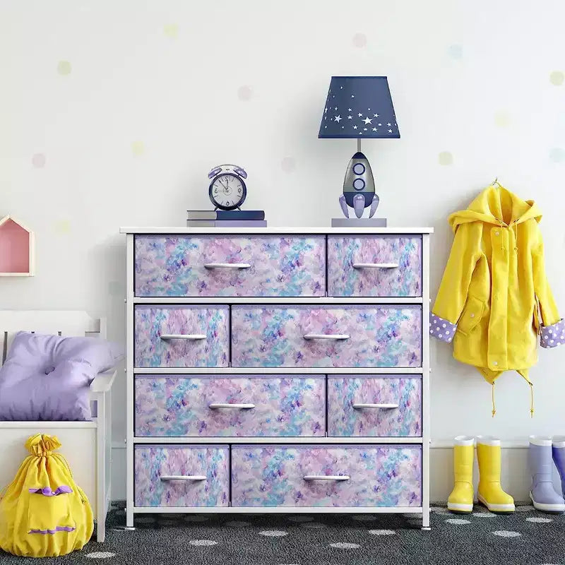 Cómoda de tela de 8 cajones multicolor con estructura de acero y tapa de madera