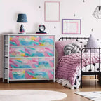 Cómoda de tela de 8 cajones multicolor con estructura de acero y tapa de madera