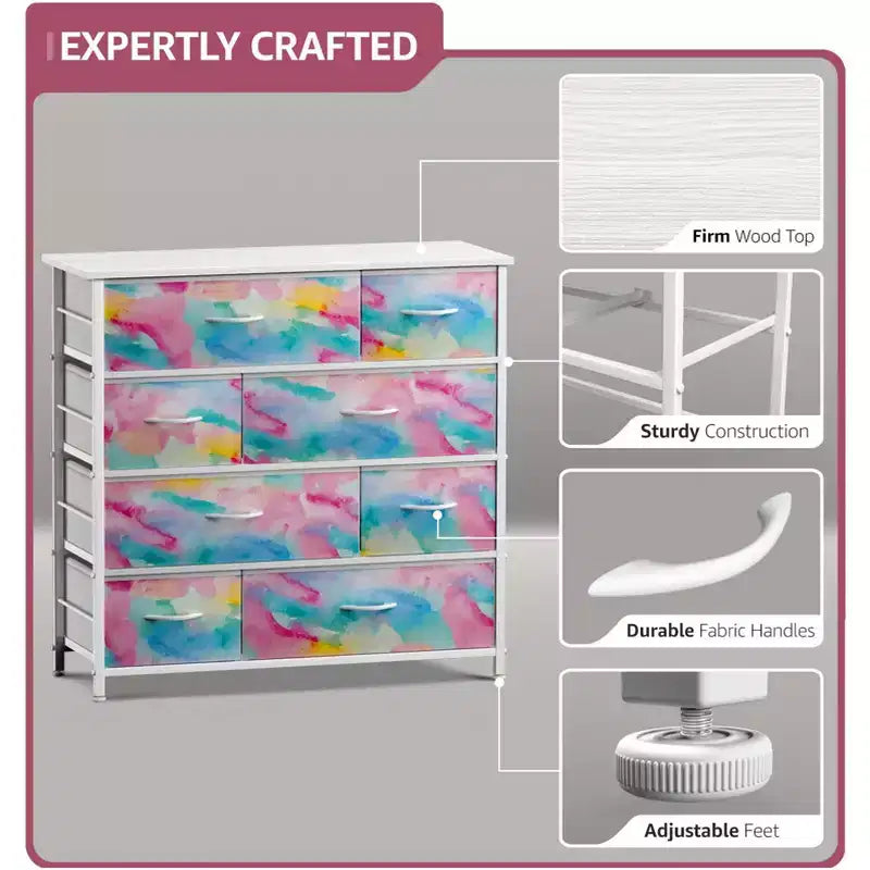 Cómoda de tela de 8 cajones multicolor con estructura de acero y tapa de madera