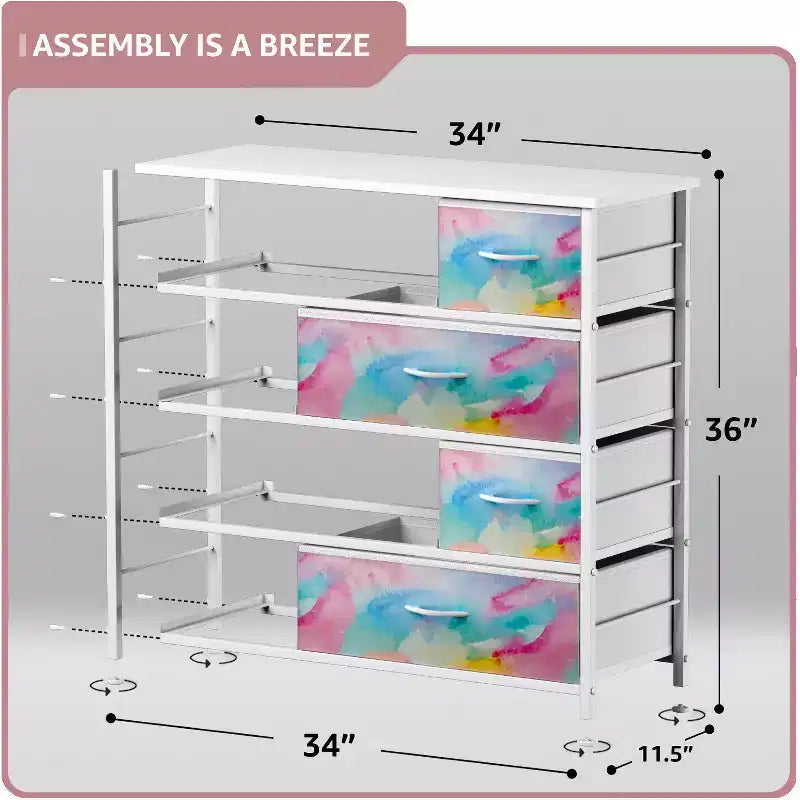 Cómoda de tela de 8 cajones multicolor con estructura de acero y tapa de madera