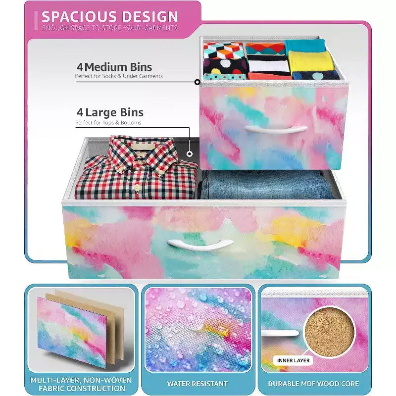 Cómoda de tela de 8 cajones multicolor con estructura de acero y tapa de madera