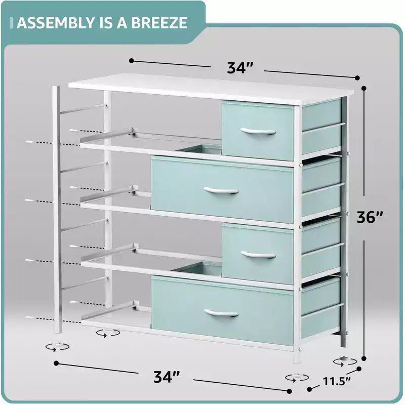 Cómoda de tela de 8 cajones multicolor con estructura de acero y tapa de madera