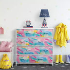 Cómoda de tela de 8 cajones multicolor con estructura de acero y tapa de madera