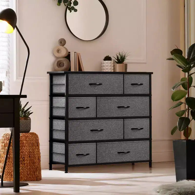 Cómoda de tela de 8 cajones multicolor con estructura de acero y tapa de madera