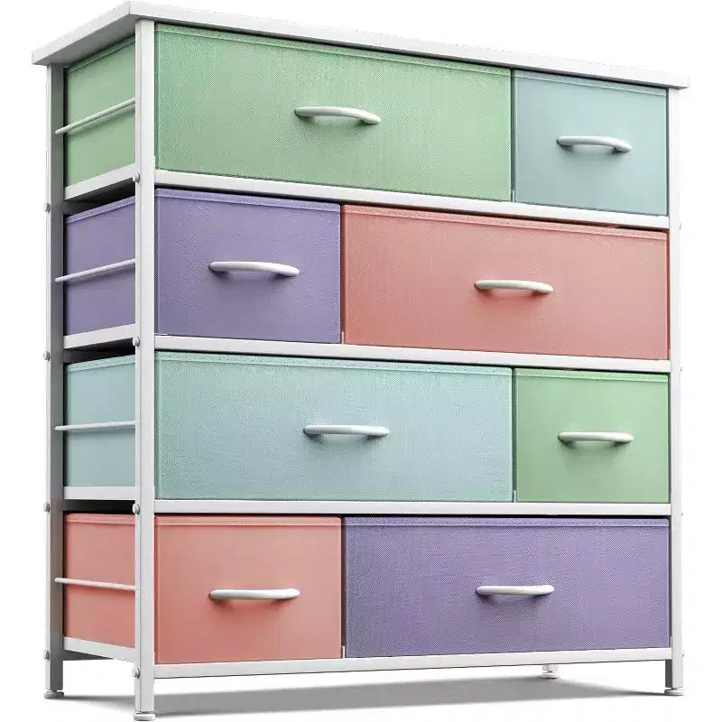 Cómoda de tela de 8 cajones multicolor con estructura de acero y tapa de madera