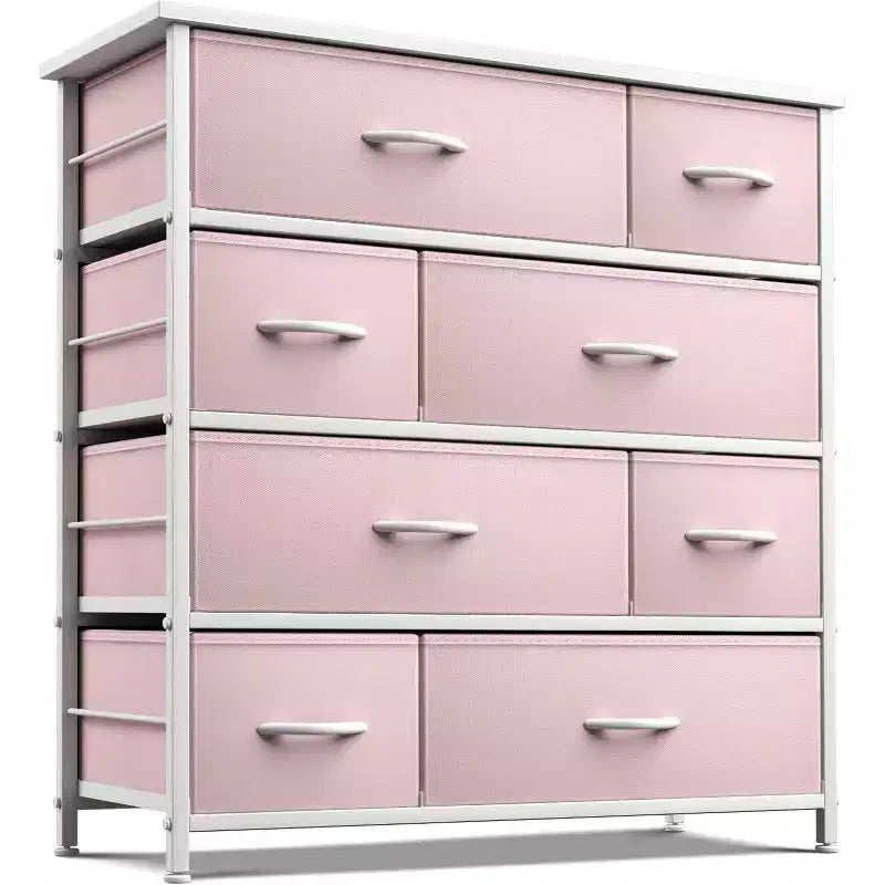 Cómoda de tela de 8 cajones multicolor con estructura de acero y tapa de madera