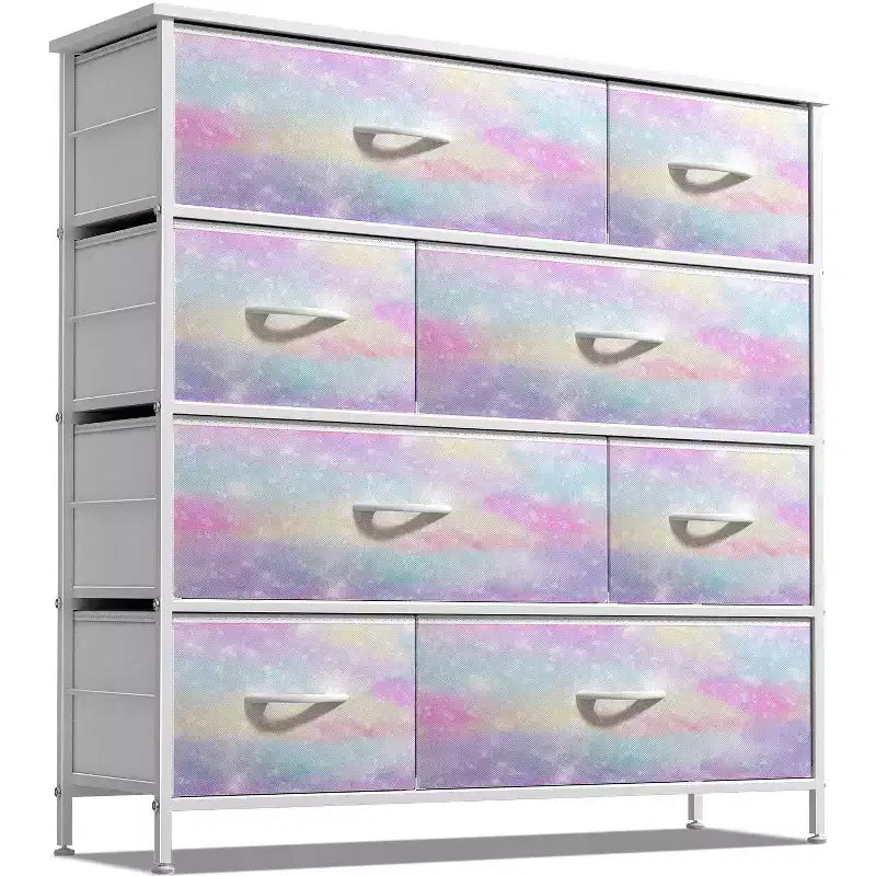 Cómoda de tela de 8 cajones multicolor con estructura de acero y tapa de madera