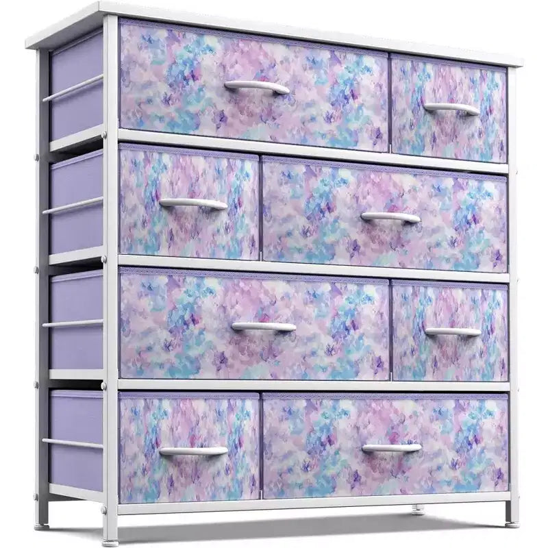 Cómoda de tela de 8 cajones multicolor con estructura de acero y tapa de madera