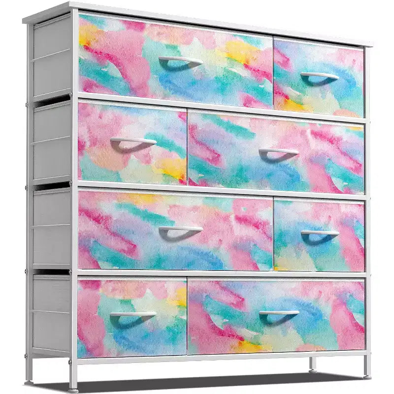 Cómoda de tela de 8 cajones multicolor con estructura de acero y tapa de madera