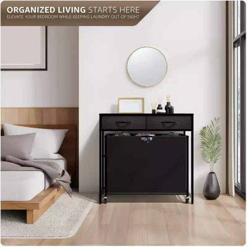Cesto de ropa rodante de 3 secciones (Negro / Rústico / Blanco) con cómoda de 2 cajones
