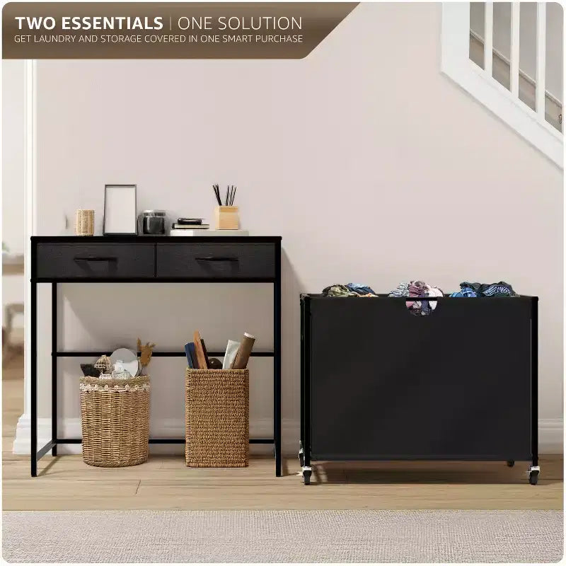 Cesto de ropa rodante de 3 secciones (Negro / Rústico / Blanco) con cómoda de 2 cajones