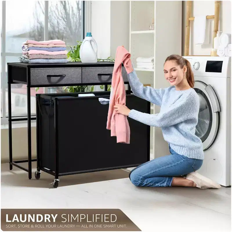 Cesto de ropa rodante de 3 secciones (Negro / Rústico / Blanco) con cómoda de 2 cajones