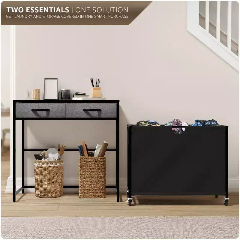 Cesto de ropa rodante de 3 secciones (Negro / Rústico / Blanco) con cómoda de 2 cajones