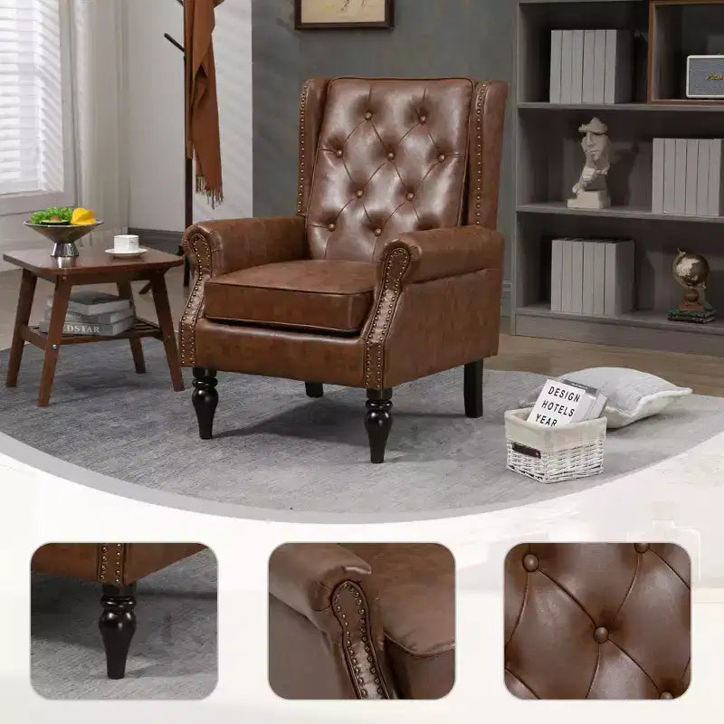 Sillón decorativo con estructura de madera, sillón tapizado, asiento individual — Beige / Negro / Marrón / Marrón oscuro