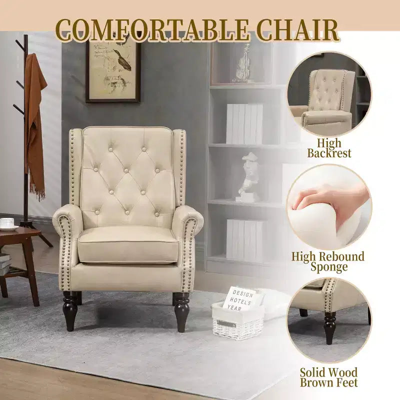 Sillón decorativo con estructura de madera, sillón tapizado, asiento individual — Beige / Negro / Marrón / Marrón oscuro