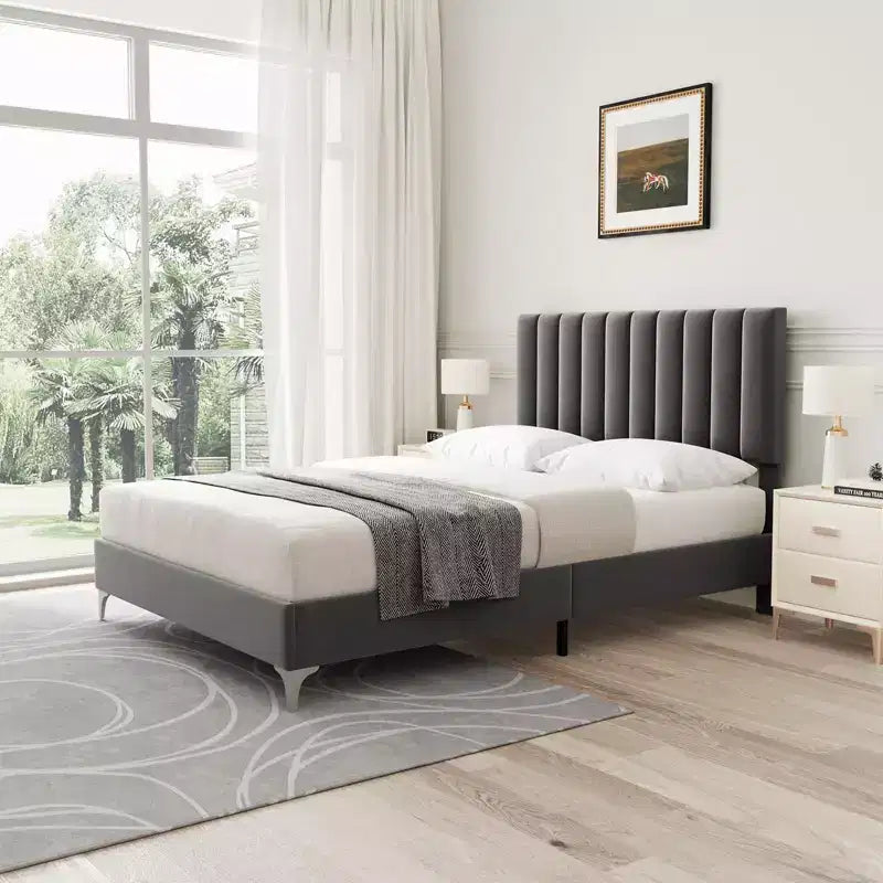 Base de cama tapizada gris con cabecero ajustable – Matrimonial / Queen