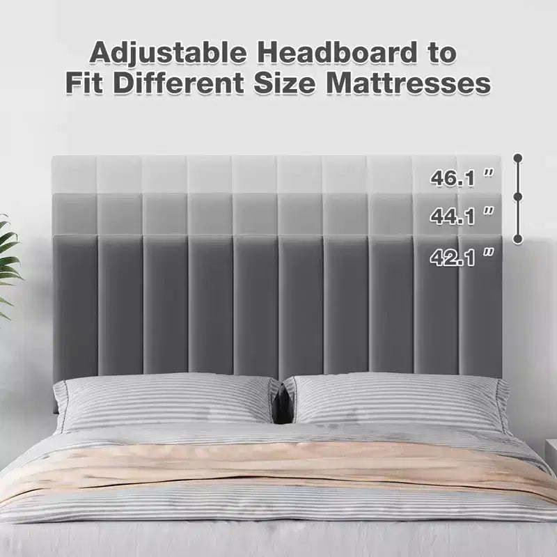 Base de cama tapizada gris con cabecero ajustable – Matrimonial / Queen