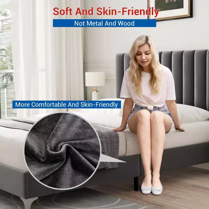 Base de cama tapizada gris con cabecero ajustable – Matrimonial / Queen