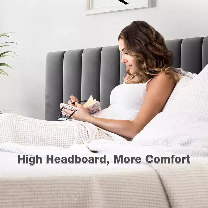 Base de cama tapizada gris con cabecero ajustable – Matrimonial / Queen