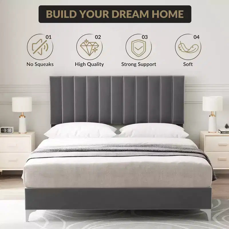 Base de cama tapizada gris con cabecero ajustable – Matrimonial / Queen
