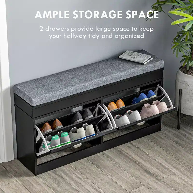 Banco zapatero acolchado (negro/gris/blanco) con 2 cajones – Capacidad para 8 pares