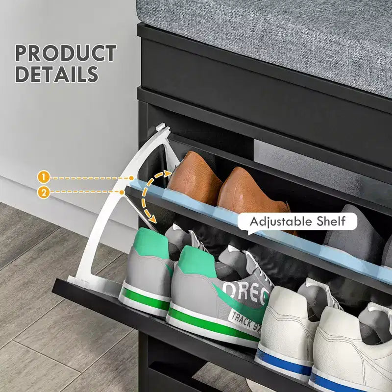 Banco zapatero acolchado (negro/gris/blanco) con 2 cajones – Capacidad para 8 pares