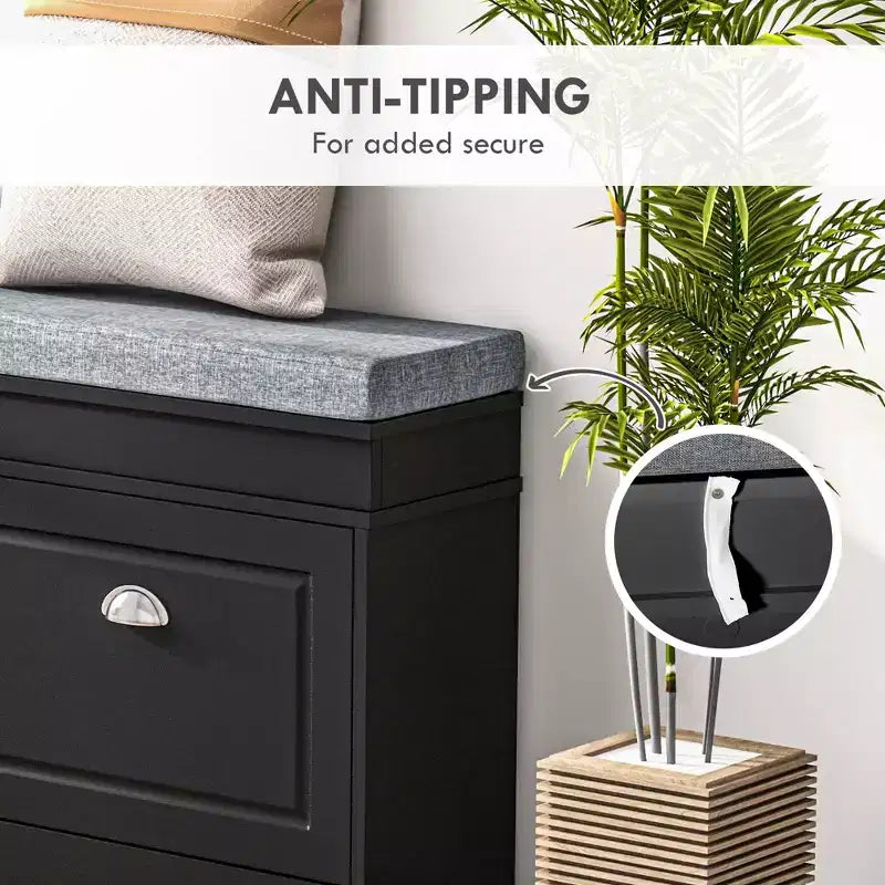 Banco zapatero acolchado (negro/gris/blanco) con 2 cajones – Capacidad para 8 pares