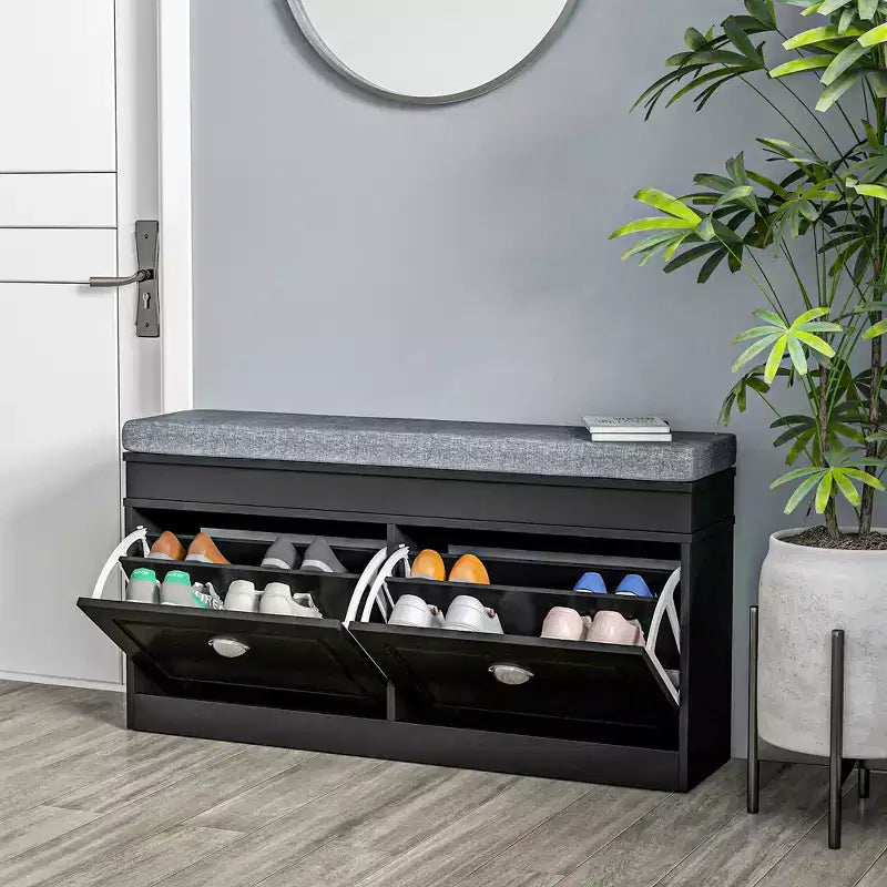 Banco zapatero acolchado (negro/gris/blanco) con 2 cajones – Capacidad para 8 pares
