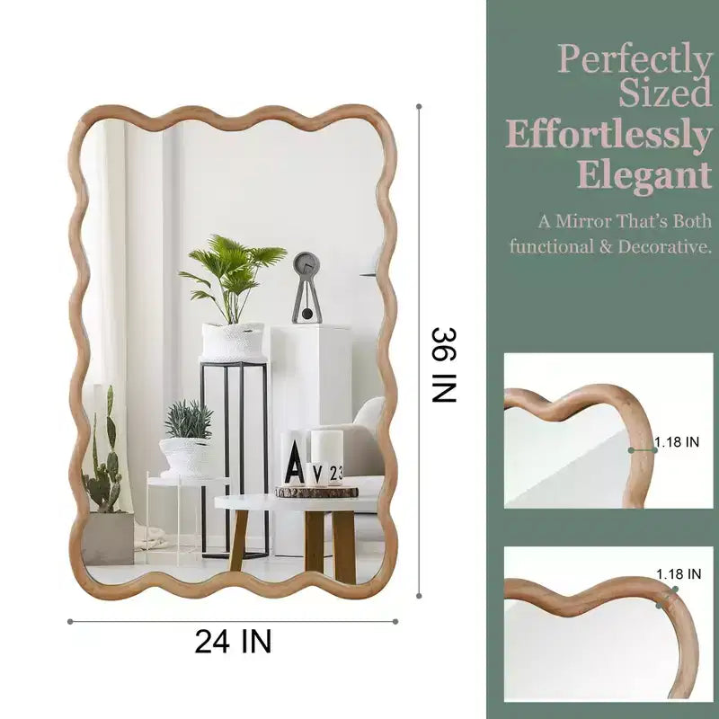 Espejo de pared rectangular ondulado de madera natural, 24"×36", marco de madera maciza