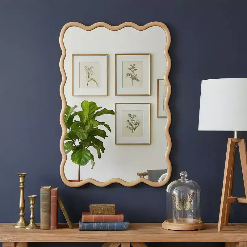 Espejo de pared rectangular ondulado de madera natural, 24"×36", marco de madera maciza