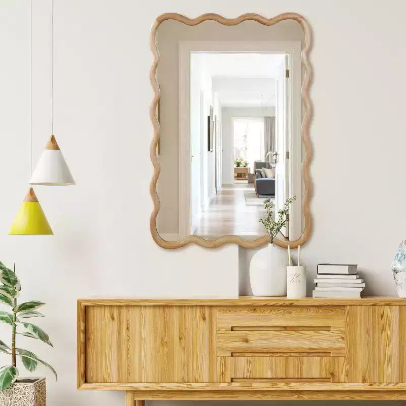 Espejo de pared rectangular ondulado de madera natural, 24"×36", marco de madera maciza