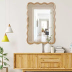 Espejo de pared rectangular ondulado de madera natural, 24"×36", marco de madera maciza