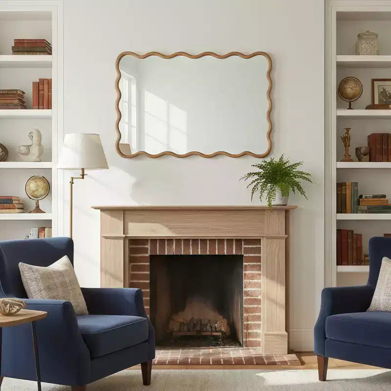 Espejo de pared rectangular ondulado de madera natural, 24"×36", marco de madera maciza